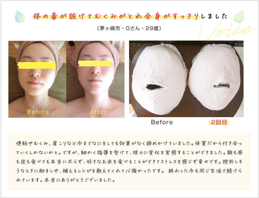 顔の毒が抜けてむくみがとれ全身がすっきりしました。